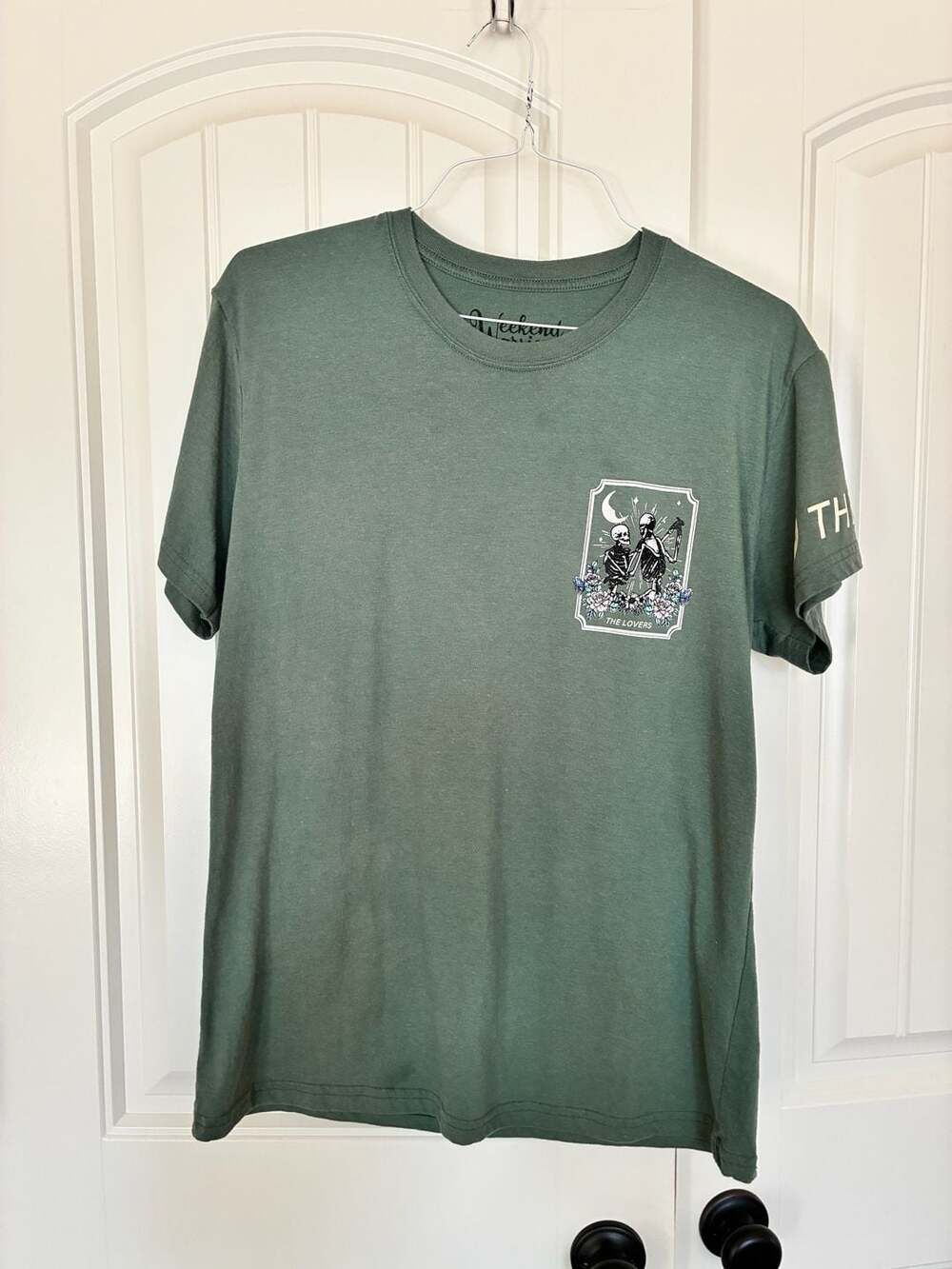 Weekend Warriors The Lovers Skeleton Tarot Card Graphic Green T-Shirt Size L